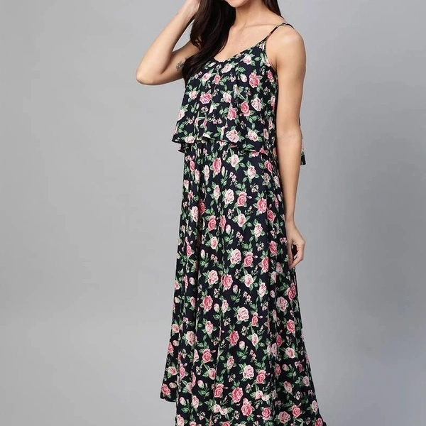 Stylish Viscose rayon Straped Floral Printed Maxi Dress - Black with red floral print, S,M,L,X,XL