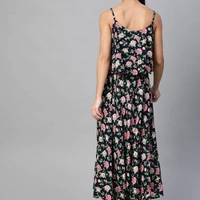 Stylish Viscose rayon Straped Floral Printed Maxi Dress - Black with red floral print, S,M,L,X,XL