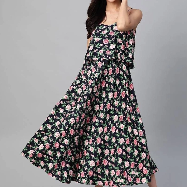 Stylish Viscose rayon Straped Floral Printed Maxi Dress - Black with red floral print, S,M,L,X,XL