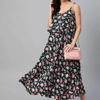 Stylish Viscose rayon Straped Floral Printed Maxi Dress - Black with red floral print, S,M,L,X,XL
