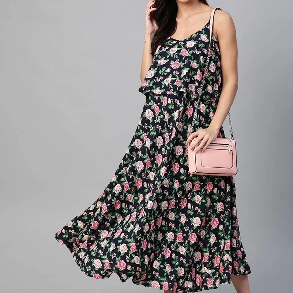 Stylish Viscose rayon Straped Floral Printed Maxi Dress - Black with red floral print, S,M,L,X,XL