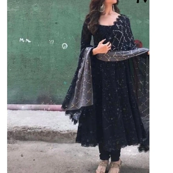 Anarkali Lengha Suit Set With Graceful Duppata - Black with Gray, S,M,L,XL,XXL