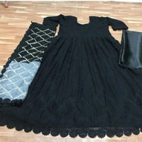 Anarkali Lengha Suit Set With Graceful Duppata - Black with Gray, S,M,L,XL,XXL