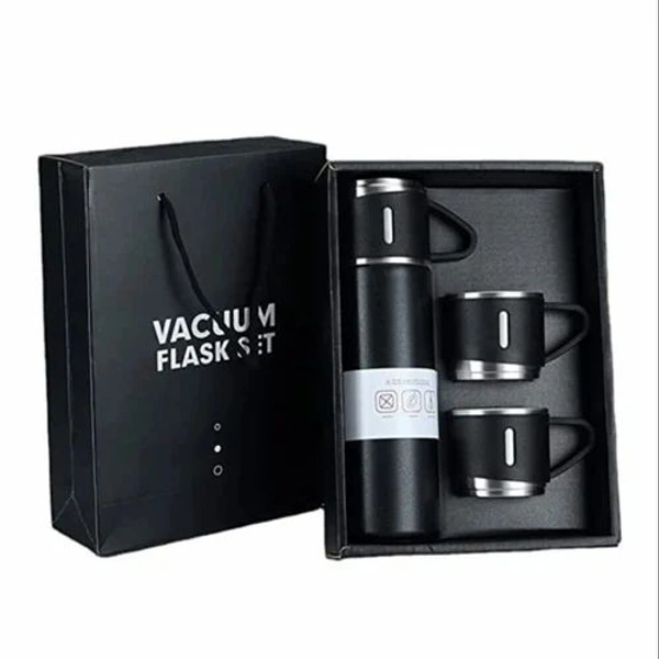STAINLESS STEEL VACUUM FLASK SET WITH 3 STEEL CUPS COMBO FOR COFFEE HOT DRINK AND COLD WATER FLASK IDEAL GIFTING TRAVEL FRIENDLY LATEST FLASK BOTTLE. (500ML) - 500ml Flask, Black