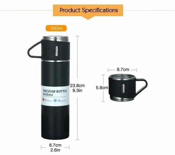 STAINLESS STEEL VACUUM FLASK SET WITH 3 STEEL CUPS COMBO FOR COFFEE HOT DRINK AND COLD WATER FLASK IDEAL GIFTING TRAVEL FRIENDLY LATEST FLASK BOTTLE. (500ML) - 500ml Flask, Black