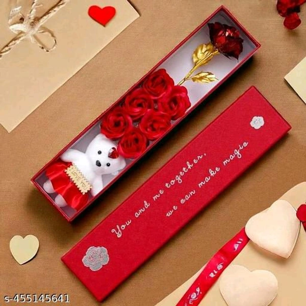 Teddy with Roses Combo Set Red Rose Artificial  Flower ( 4 inch , Pack of 8 flower bunch .)
