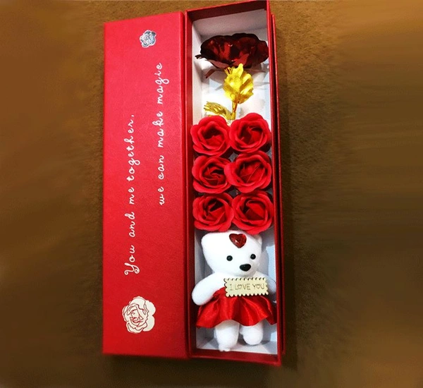 Teddy with Roses Combo Set Red Rose Artificial  Flower ( 4 inch , Pack of 8 flower bunch .)