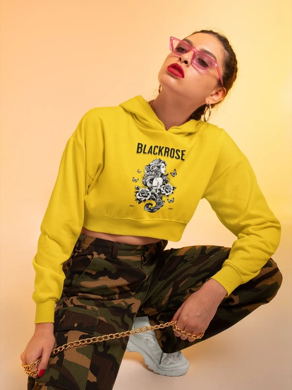 Stun Life Co. Crop Hoodies - Black Rose - Mustard Yellow, XS, All India Delivery in 3-5 Days, 7 Days Easy Returns