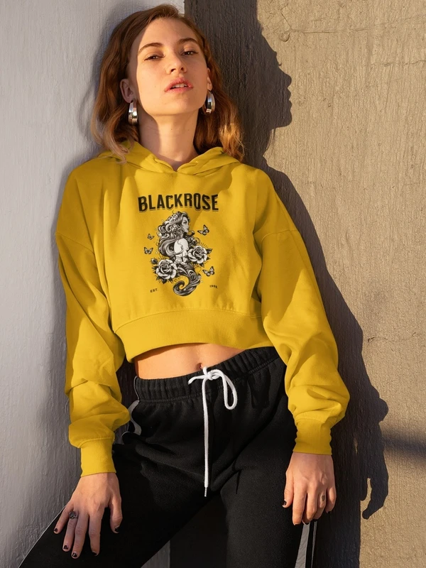 Stun Life Co. Crop Hoodies - Black Rose - Mustard Yellow, XS, All India Delivery in 3-5 Days, 7 Days Easy Returns