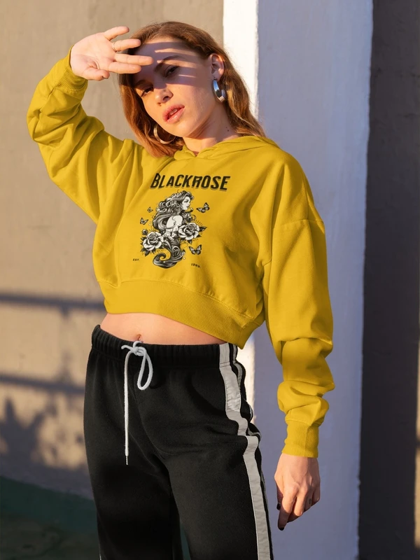 Stun Life Co. Crop Hoodies - Black Rose - Mustard Yellow, XS, All India Delivery in 3-5 Days, 7 Days Easy Returns