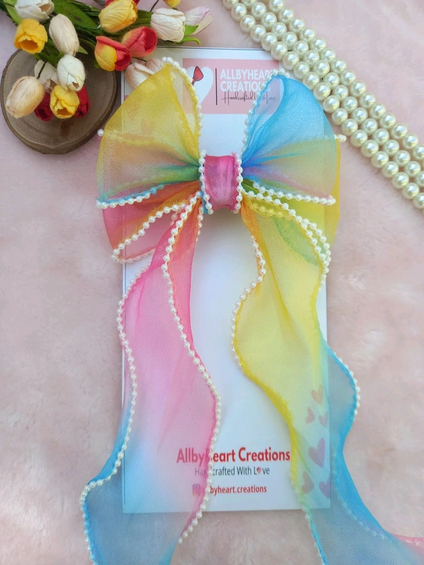 PEARL BEADED RIBBON BOW :  - RAINBOW HUES