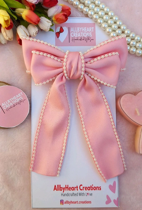 SATIN PEARL RIBBON BOWS  - PINK