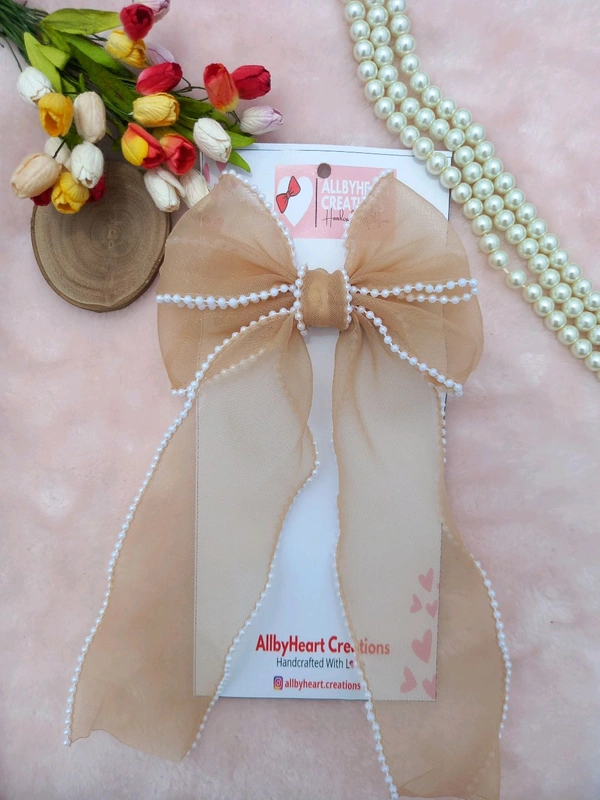 PEARL BEADED RIBBON BOW :  - MUDDY BROWN