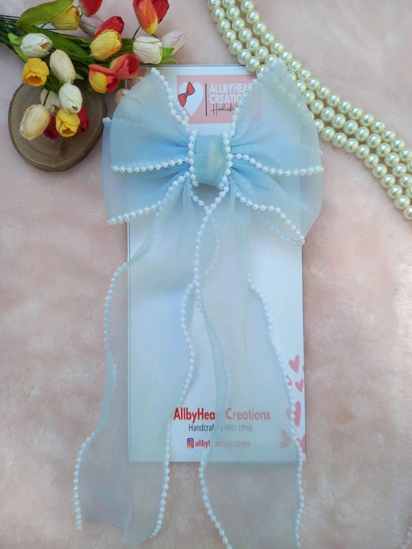 PEARL BEADED RIBBON BOW :  - SHY BLUE