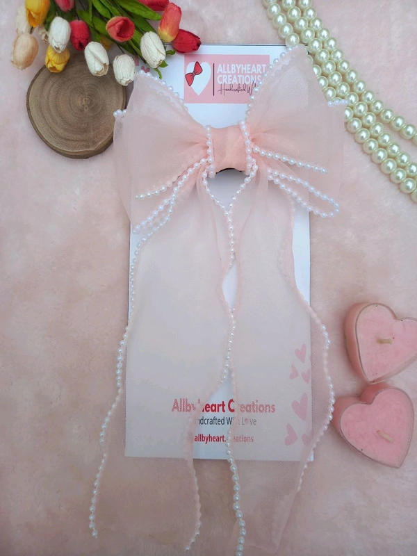 PEARL BEADED RIBBON BOW :  - BABY PINK