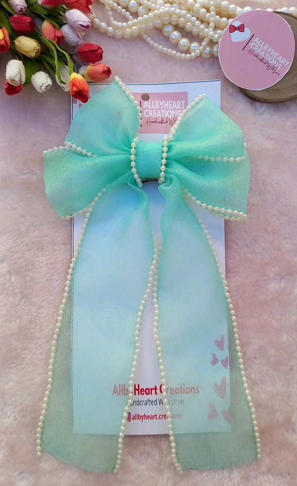 PEARL BEADED RIBBON BOW :  - SEA GREEN