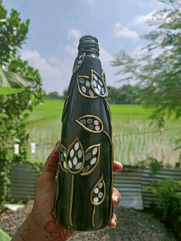 GiftHeart Lippan art on glass bottle with clay and hand work of mirror charms for home decoration - Black