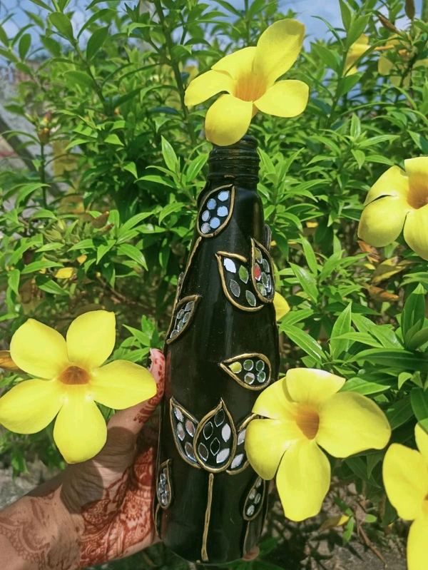 GiftHeart Lippan art on glass bottle with clay and hand work of mirror charms for home decoration - Black