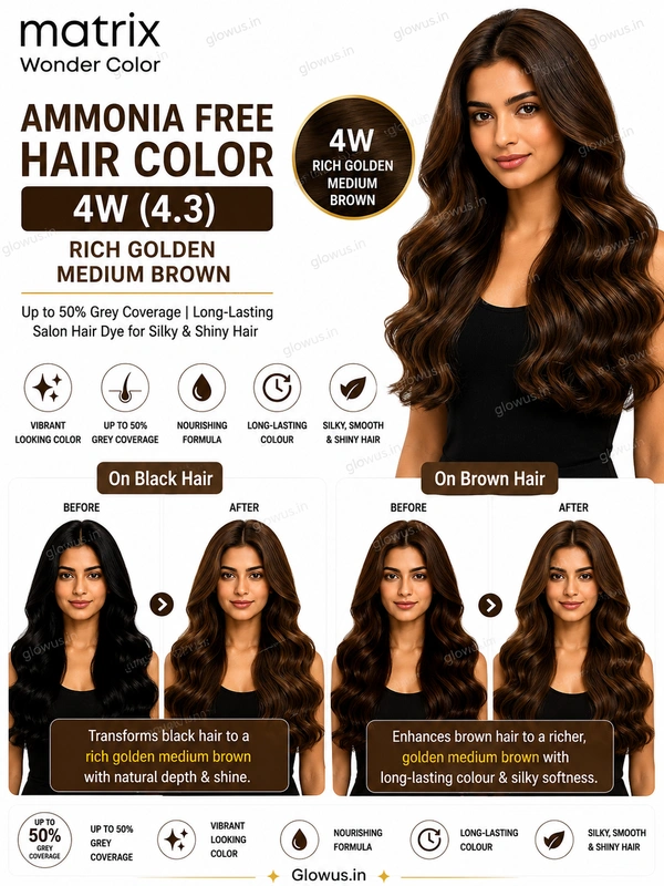 Matrix Wonder Ammonia Free Hair Color 4W (4.3) 90ML | Rich Golden Medium Brown Hair Colour | Up to 50% Grey Coverage | Long-Lasting Salon Hair Dye for Silky & Shiny Hair - 90g