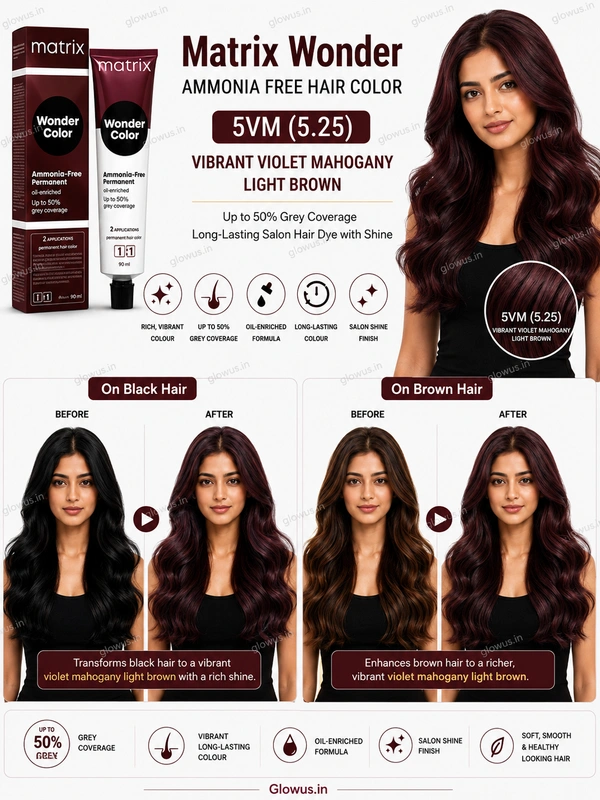 Matrix Wonder Ammonia Free Hair Color 5VM (5.25) 90ML | Vibrant Violet Mahogany Light Brown Hair Colour | Up to 50% Grey Coverage | Long-Lasting Salon Hair Dye with Shine - 90g
