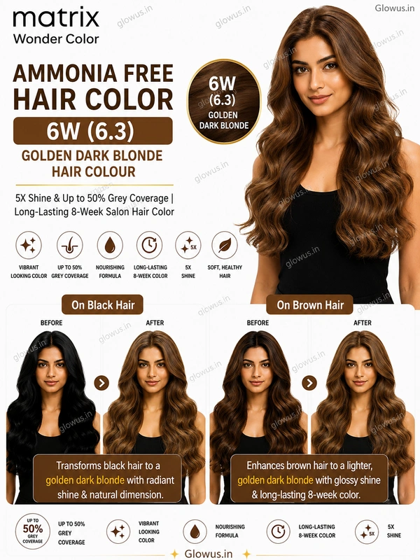Matrix Wonder Ammonia Free Hair Color 6W (6.3) 90ML | Golden Dark Blonde Hair Colour | 5X Shine & Up to 50% Grey Coverage | Long-Lasting 8-Week Salon Hair Color - 90g