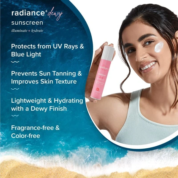 Aqualogica Dewy Sunscreen SPF 50 With Watermelon & Niacinamide | Hydrating & Protective your skin | Glowing Skin | Moisturizing & Brightening Formula | for All Skin Types | 50g