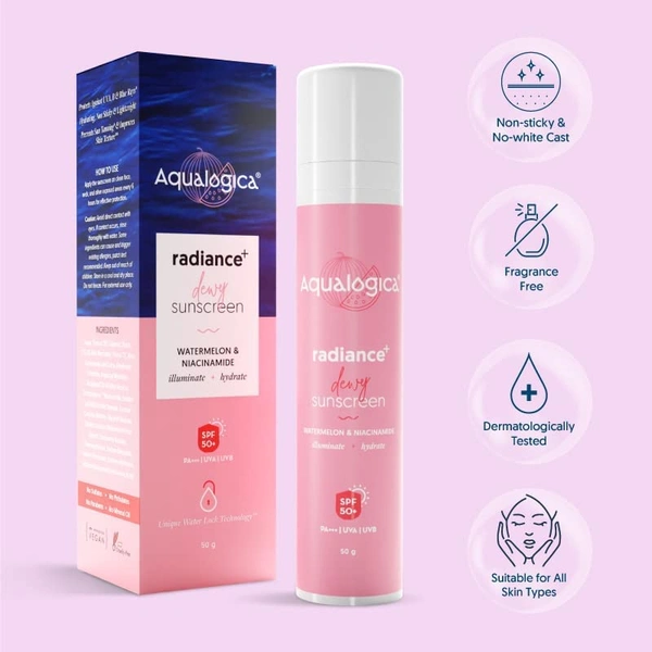 Aqualogica Dewy Sunscreen SPF 50 With Watermelon & Niacinamide | Hydrating & Protective your skin | Glowing Skin | Moisturizing & Brightening Formula | for All Skin Types | 50g