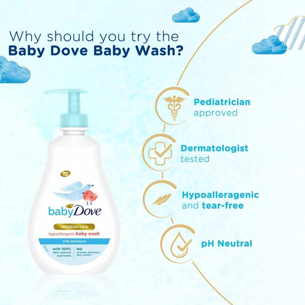 Dove Baby Dove Rich Moisture Body wash Sampoo 400ml with 100% Skin-Natural Nutrients | Hypoallergenic, Tear-Free, Paraben-Free | Gentle Care for Newborn & Sensitive Skin