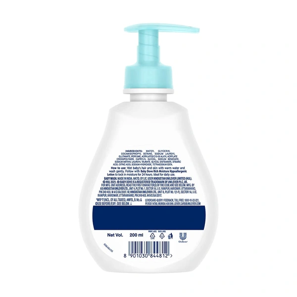 Dove Baby Dove Rich Moisture Hypoallergenic  Body Wash 200ml with 100% Skin-Natural Nutrients | Tear-Free, pH Balanced, Paraben-Free | Gentle Care for Newborn & Sensitive Skin