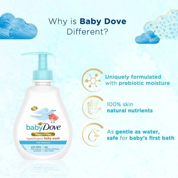 Dove Baby Dove Rich Moisture Hypoallergenic  Body Wash 200ml with 100% Skin-Natural Nutrients | Tear-Free, pH Balanced, Paraben-Free | Gentle Care for Newborn & Sensitive Skin