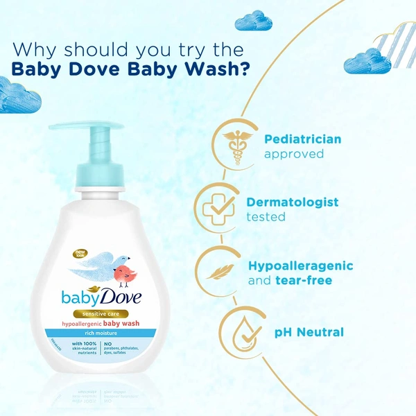 Dove Baby Dove Rich Moisture Hypoallergenic  Body Wash 200ml with 100% Skin-Natural Nutrients | Tear-Free, pH Balanced, Paraben-Free | Gentle Care for Newborn & Sensitive Skin