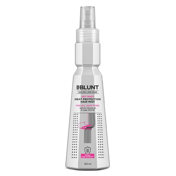 Bblunt BBLUNT Hot Shot Heat Protection Hair Mist - 150ml | With Pro - Vitamin B5 & Grape Seed Oil | Frizz Control Hair Mist | Protect Hair from Heat Damage | Sulphate & Paraben Free | Designed for Indian Hair