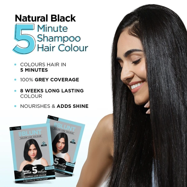 Bblunt Natural Black 5-Minute Shampoo Hair Colour 100ml | Nourished & Shine Hair| Quick, Long-Lasting Colour | 100% Covers Grey & Adds Shine | Easy & Mess-Free Application