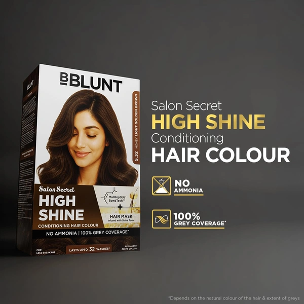 Bblunt BBLUNT Salon Secret High Shine Conditioning Hair Colour Honey Light Golden Brown 5.32 | With MaliPeptide BondTech� | No Ammonia, 100% Grey Coverage, Long Lasting | Salon-Like Shine at Home