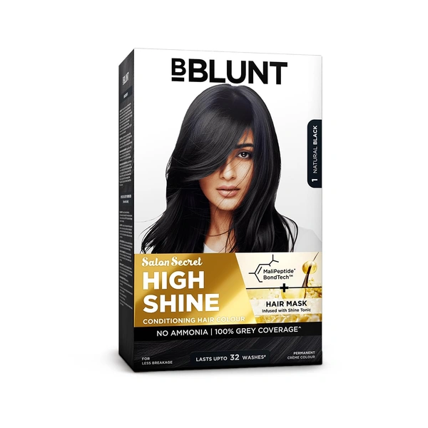 Bblunt BBLUNT Salon Secret High Shine Conditioning Hair Colour Natural Black 1 | With MaliPeptide BondTech� | No Ammonia, 100% Grey Coverage, Long Lasting Colour | Salon Shine at Home