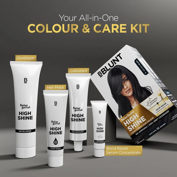 Bblunt BBLUNT Salon Secret High Shine Conditioning Hair Colour Natural Black 1 | With MaliPeptide BondTech� | No Ammonia, 100% Grey Coverage, Long Lasting Colour | Salon Shine at Home