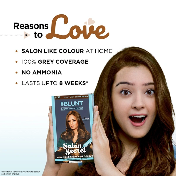 Bblunt BBLUNT Salon Secret High Shine Creme Hair Colour in( Honey Light Golden Brown ) | Ammonia-Free | Light Golden Brown Hair Dye for Natural Sun-Kissed Look | Shine Tonic hair color | Natural-looking brown | 100g