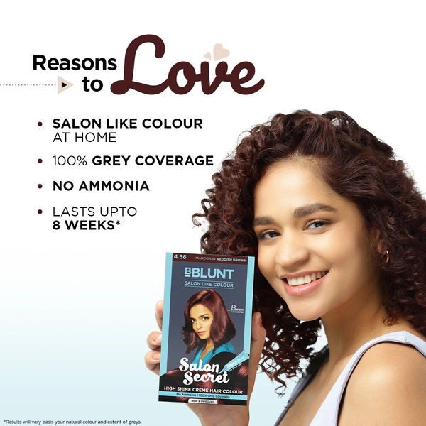 Bblunt Salon Secret High Shine Creme Hair Colour 100g| Mahogany Reddish Brown | Ammonia-Free | Long-Lasting |8ml Shine Tonic for Salon-Like Glossy Hair