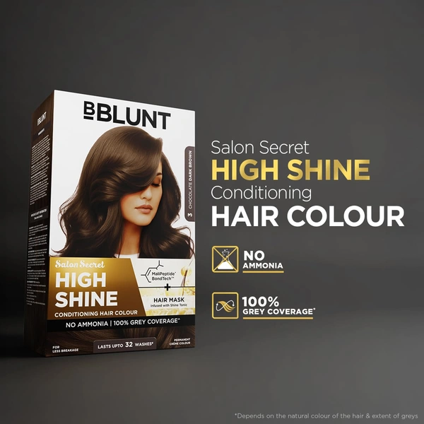 Bblunt BBLUNT Salon Secret High Shine Hair Colour | Chocolate Dark Brown 3 | With MaliPeptide BondTech� | No Ammonia | 100% Grey Coverage | Long Lasting | Salon-Like Shine at Home
