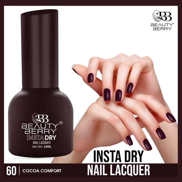 Beauty Berry Insta Dry Nail Lacquer Cocoa Comfort 60 - 13ml | Quick-Dry & Long-Lasting | High Shine & Smooth Application | Rich Brown Shade for Elegant Nails