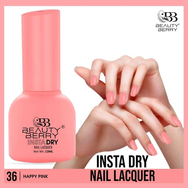 Beauty Berry Insta Dry Nail Lacquer Happy Pink 36 - 13ml | Quick-Dry & Long-Lasting | High Shine & Smooth Application | Vibrant Pink Shade for Elegant Nails