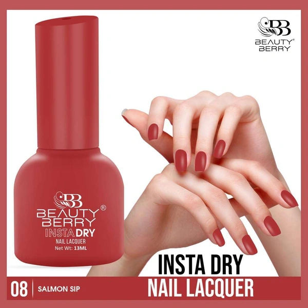 Beauty Berry Insta Dry Nail Lacquer Salmon Sip 08 - 13ml | Quick-Dry & Long-Lasting | High Shine & Smooth Application | Soft Salmon Shade for Elegant Nails