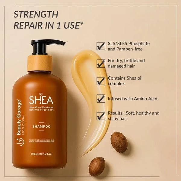 Beauty Garage African Shea Butter Shampoo 300ml | Sulphate Free Shampoo with Argan & Macadamia Oil | Smooth Shield Retention for Dry, Frizzy & Damaged Hair