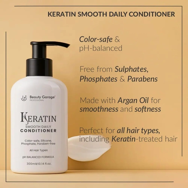 Beauty Garage Keratin Sulfate Free Moisturizing Smooth Daily Conditioner 300ml | Frizz Control Conditioner for Straight Hair | Smoothness, Shine & Hydration