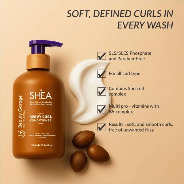 Beauty Garage Shea Retention Wavy Curl Conditioner 300ml | Curl Defining Conditioner for Wavy, Curly & Frizzy Hair | Hydration, Softness & Frizz Control