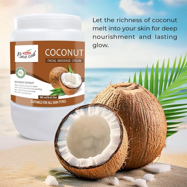 Bee One Coconut Facial Massage Cream 900ml | Enriched with Coconut Extracts for Deep Moisturizing & 24H Hydration | Nourishes, Softens & Rejuvenates Skin | Paraben-Free & Vegan