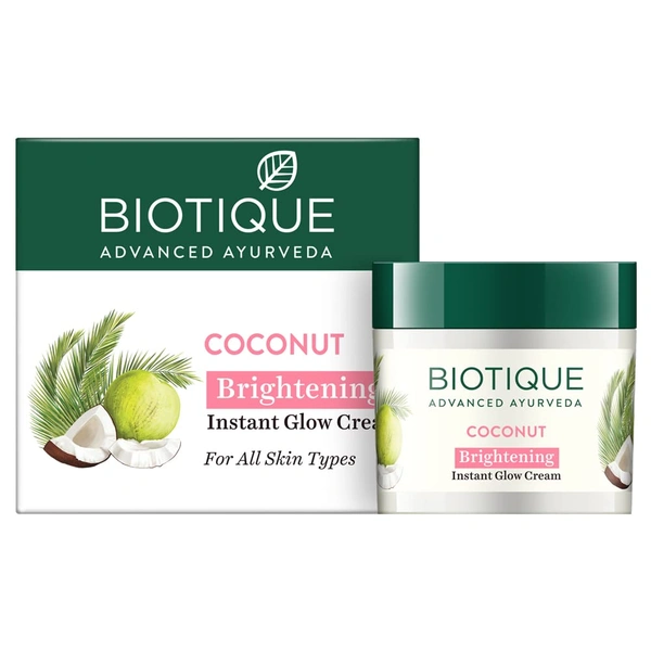 Biotique Coconut Brightening Instant Glow Cream 50gm | for Healthy Skin | Reduces Dark Spots and Protects Ageing | Radiant & Even Skin Tone | Instant Glow Cream | Lightweight and Non-Greasy | 100% Botanical Extracts| All Skin Types |