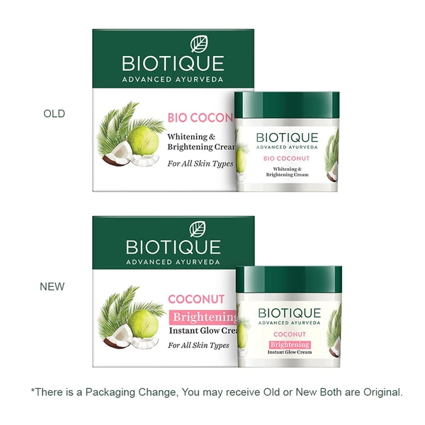 Biotique Coconut Brightening Instant Glow Cream 50gm | for Healthy Skin | Reduces Dark Spots and Protects Ageing | Radiant & Even Skin Tone | Instant Glow Cream | Lightweight and Non-Greasy | 100% Botanical Extracts| All Skin Types |