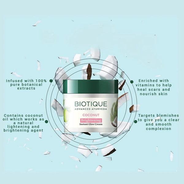 Biotique Coconut Brightening Instant Glow Cream 50gm | for Healthy Skin | Reduces Dark Spots and Protects Ageing | Radiant & Even Skin Tone | Instant Glow Cream | Lightweight and Non-Greasy | 100% Botanical Extracts| All Skin Types |