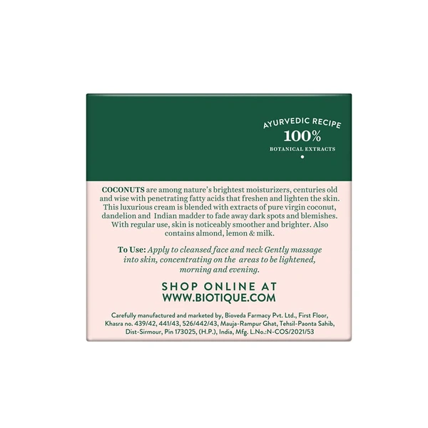 Biotique Coconut Brightening Instant Glow Cream 50gm | for Healthy Skin | Reduces Dark Spots and Protects Ageing | Radiant & Even Skin Tone | Instant Glow Cream | Lightweight and Non-Greasy | 100% Botanical Extracts| All Skin Types |